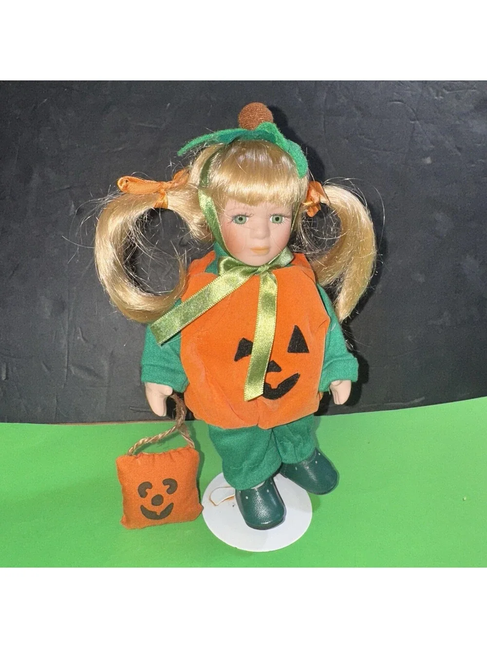 Vintage Blonde Porcelain Doll Pumpkin Costume Halloween Trick or Treat 9”